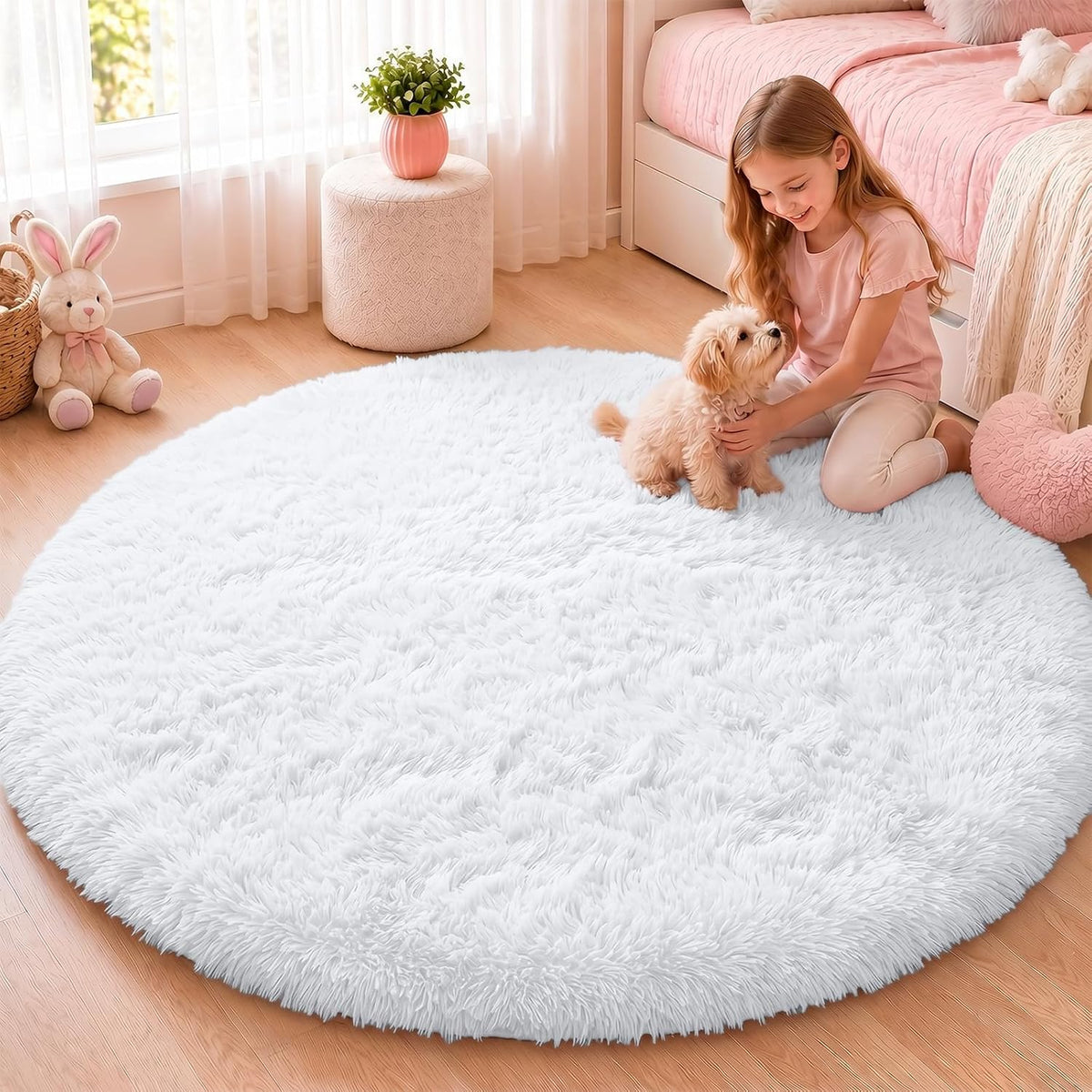 OLANLY Alfombra redonda blanca para dormitorio, lavables a máquina, alfombra circular para sala de estar, alfombra suave y esponjosa para adolescentes y niños, cuarto de bebé