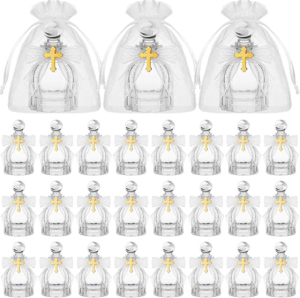 Botellas de agua bendita Newtay, artículos católicos de vidrio a granel para bautizos, obsequios para invitados, recipientes de agua cristianos con cruz, bolsas de organza con lazo para regalos de Primera Comunión, iglesia, boda, bautizo (24, blanco