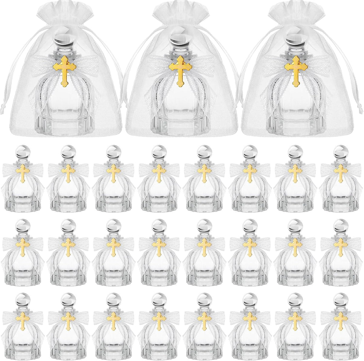 Botellas de agua bendita Newtay, artículos católicos de vidrio a granel para bautizos, obsequios para invitados, recipientes de agua cristianos con cruz, bolsas de organza con lazo para regalos de Primera Comunión, iglesia, boda, bautizo (24, blanco