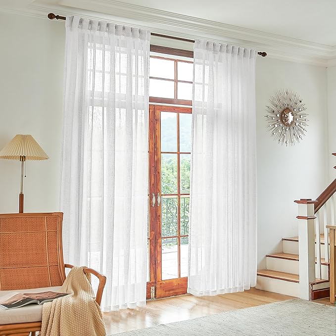 Cortinas traslúcidas de lino blanco de 72 pulgadas de ancho para ventanas grandes, juego de 2 paneles con pestaña trasera, bolsillo para barra, filtro de luz, cortinas semitransparentes largas