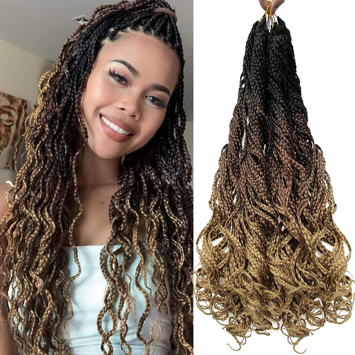 Extensiones Cabello Trenzas Caja Rizado Goddess Cabello Crochet Marrón 3X Trenzas Caja Ondulada Extensión Cabello Sintético Cabello Trenza Ombre Marrón 45 cm