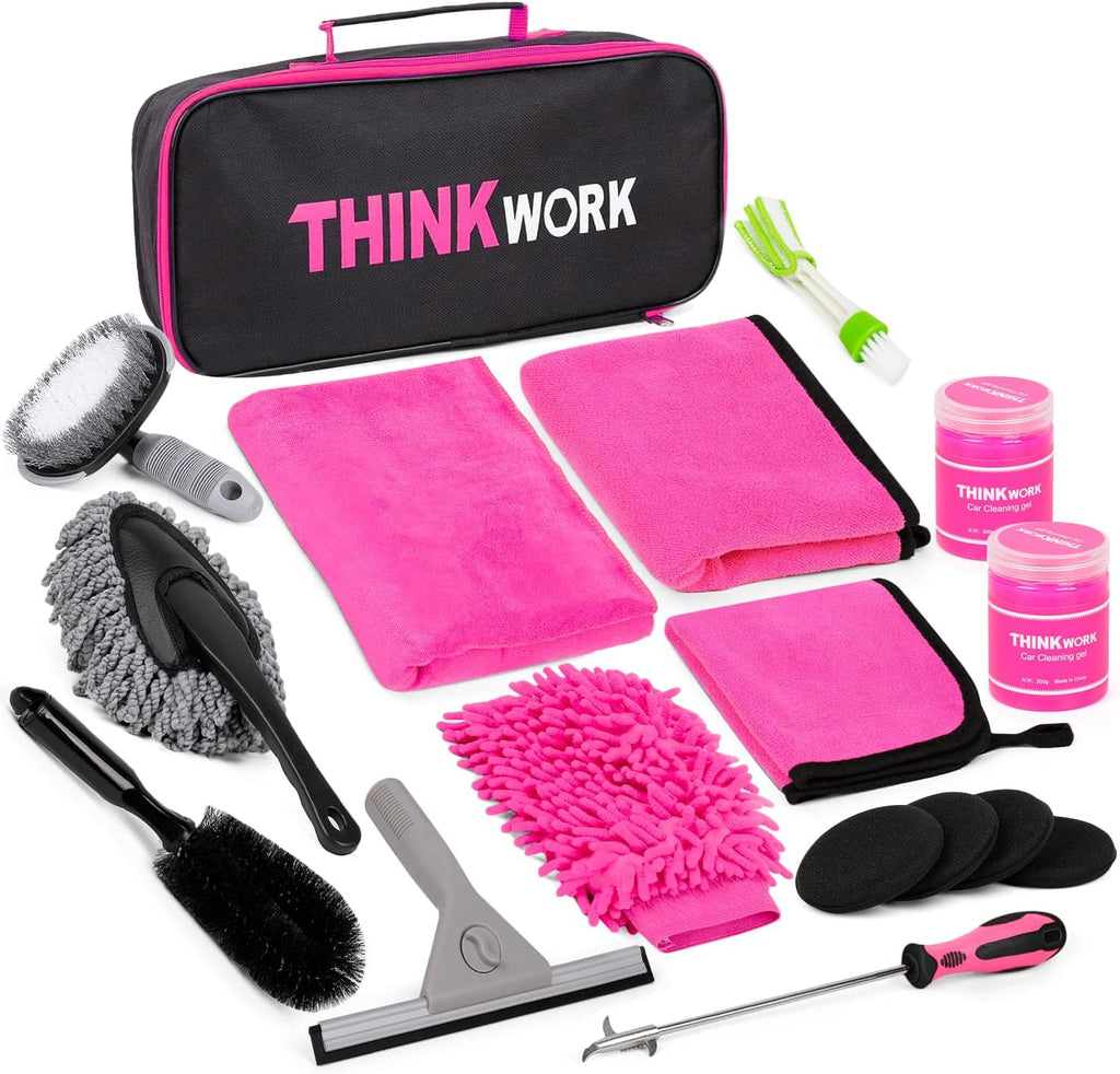 COLOR ROSADO Y NEGRO-THINKWORK Kit Rosa de Limpieza y Detallado para Auto 17 Piezas | Set de Lavado para Mujeres | Autos, Camionetas y SUVs