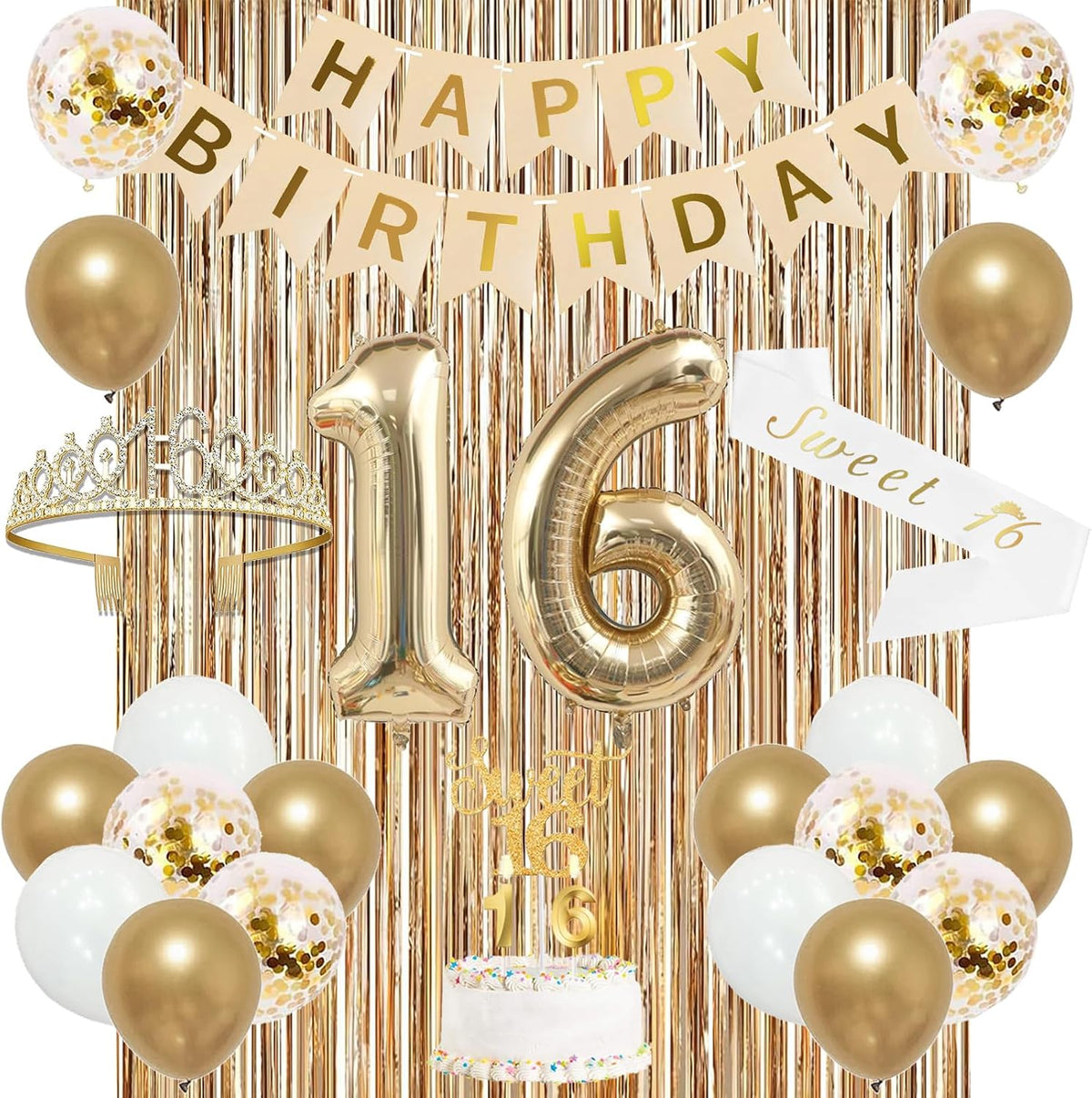 Decoraciones de Trgowaul para la fiesta de 16 cumpleaños de chicas: pancarta, banda y corona, adorno para pastel, globo con el número 16, cortinas de flecos, artículos para la fiesta de 16 cumpleaños en color oro champán.