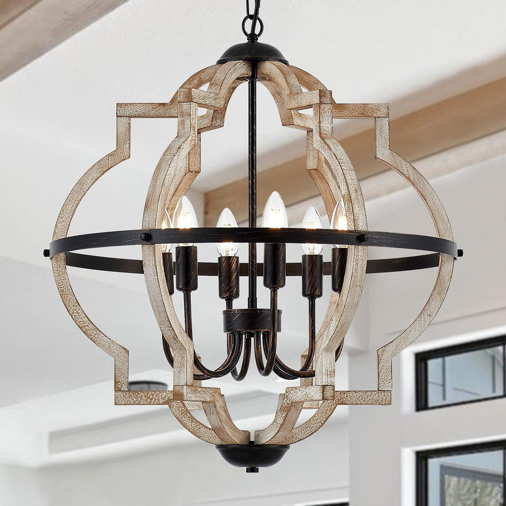 Lámpara de araña estilo granja TACDANDM para comedor, estilo vintage rústico, roble blanco envejecido, 23'', 6 luces, lámpara colgante de madera, globo, apliques de techo para entrada, vestíbulo, cocina, sala de estar.
