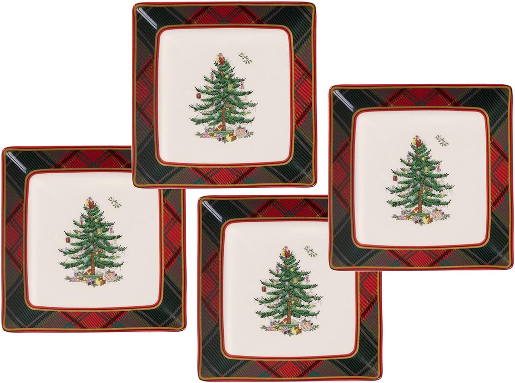Spode Christmas Tree Tartan Square Tidbit Plates (Set of 4) - 5" Holiday Appetizer Platter for Christmas Entertaining - Traditional Tartan Plaid with Iconic Tree Motif - Microwave & Dishwasher Safe