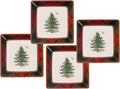 Spode Christmas Tree Tartan Square Tidbit Plates (Set of 4) - 5" Holiday Appetizer Platter for Christmas Entertaining - Traditional Tartan Plaid with Iconic Tree Motif - Microwave & Dishwasher Safe