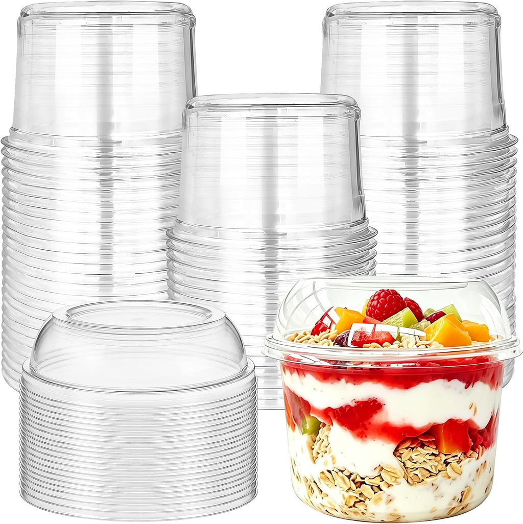 Alaeseje Paquete de 50 vasos desechables de plástico transparente de 16 oz, vasos de postre PET con tapa, tazones desechables para cupcakes, pudín, bocadillos, yogur, parfait, frutas, mousse.