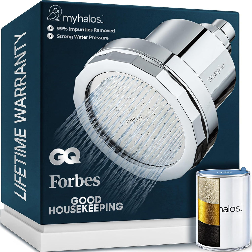 Cabezal de Ducha con Filtro MyHalos® – Alta Presión, Elimina Cloro y Ablanda Agua Dura, Protección para Cabello y Piel, Fácil Instalación (Cromado)