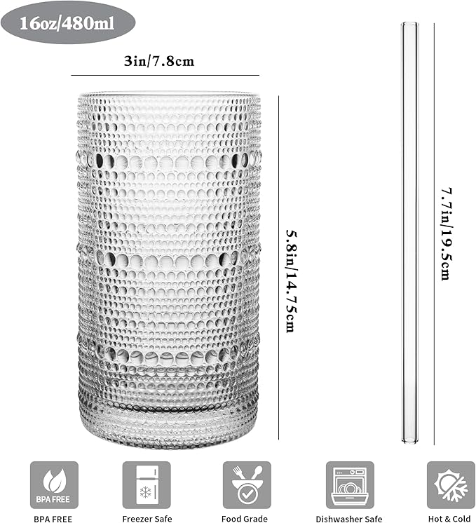 Set de 12 Vasos Vintage Hobnail Dingerjar — 480 ml (16 oz), Vidrio Grueso Estilo Retro