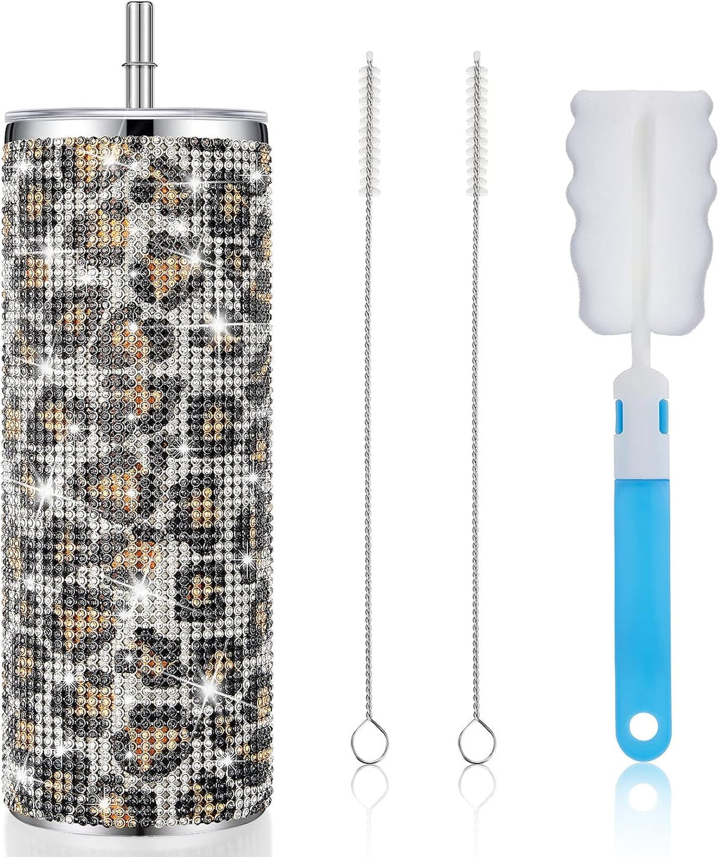 Vaso térmico Tessco Bling con diamantes de imitación y pajita, botella de agua brillante de acero inoxidable con pajita, vaso térmico con tapa y cepillo para regalos de graduación de profesores (591 ml, estampado de leopardo).