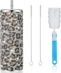 Vaso térmico Tessco Bling con diamantes de imitación y pajita, botella de agua brillante de acero inoxidable con pajita, vaso térmico con tapa y cepillo para regalos de graduación de profesores (591 ml, estampado de leopardo).