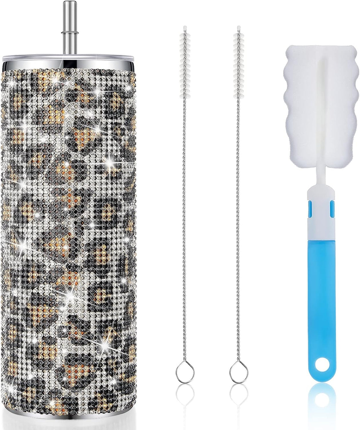 Vaso térmico Tessco Bling con diamantes de imitación y pajita, botella de agua brillante de acero inoxidable con pajita, vaso térmico con tapa y cepillo para regalos de graduación de profesores (591 ml, estampado de leopardo).