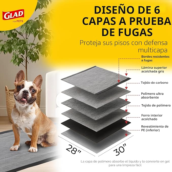 Glad para Mascotas Almohadillas para Cachorros de Carbón JUMBOSIZE/XL, Almohadillas de Entrenamiento Negras AllinOne que ABSORBEN y Neutralizan la Orina al Instante Calidad Nueva y Mejorada, 50