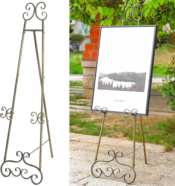 Caballete de exhibición ajustable extragrande independiente de metal de 56" de alto, soporte de exhibición de piso decorativo dorado vintage con cadena de soporte para marco de fotos y letrero de boda