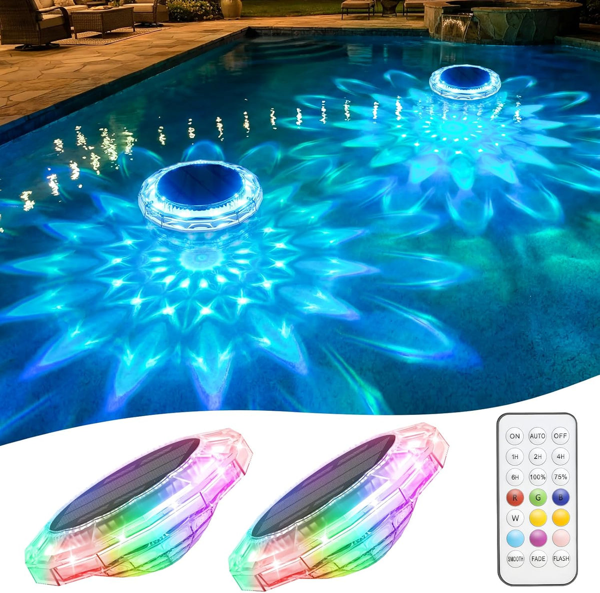 Luces Solares Flotantes para Piscina APONUO Pack 2 – IP68, 9 Colores, 3 Modos, Control Remoto, Temporizador y Memoria