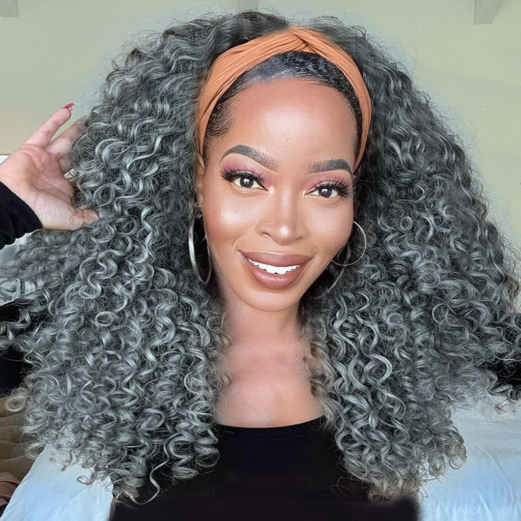 Gusif Grey Headband Wig 12 Inch Kinky Curly Headband Wigs for Black Women None Lace Front Gray Curly Half Wig Wear and Go Glueless Wig