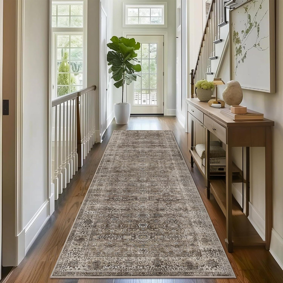 Alfombras lavables vintage de 2,6 x 8 pies en color marrón y gris para pasillo, cocina, estilo bohemio, de pelo corto, antideslizantes, con efecto desgastado, ideales para entrada, baño o dormitorio.