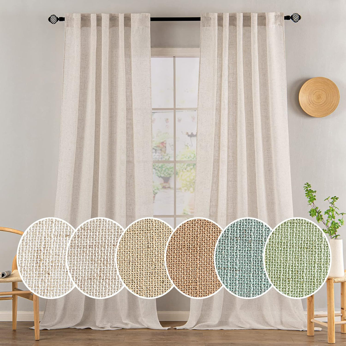 Cortinas MIULEE de Lino Natural Blanco 90 pulgadas | Set de 2 Paneles para Dormitorio y Sala | Textura Gruesa Semi Transparente con Filtrado de Luz | Bolsillo y Barra Trasera | Estilo Farmhouse | Marfil