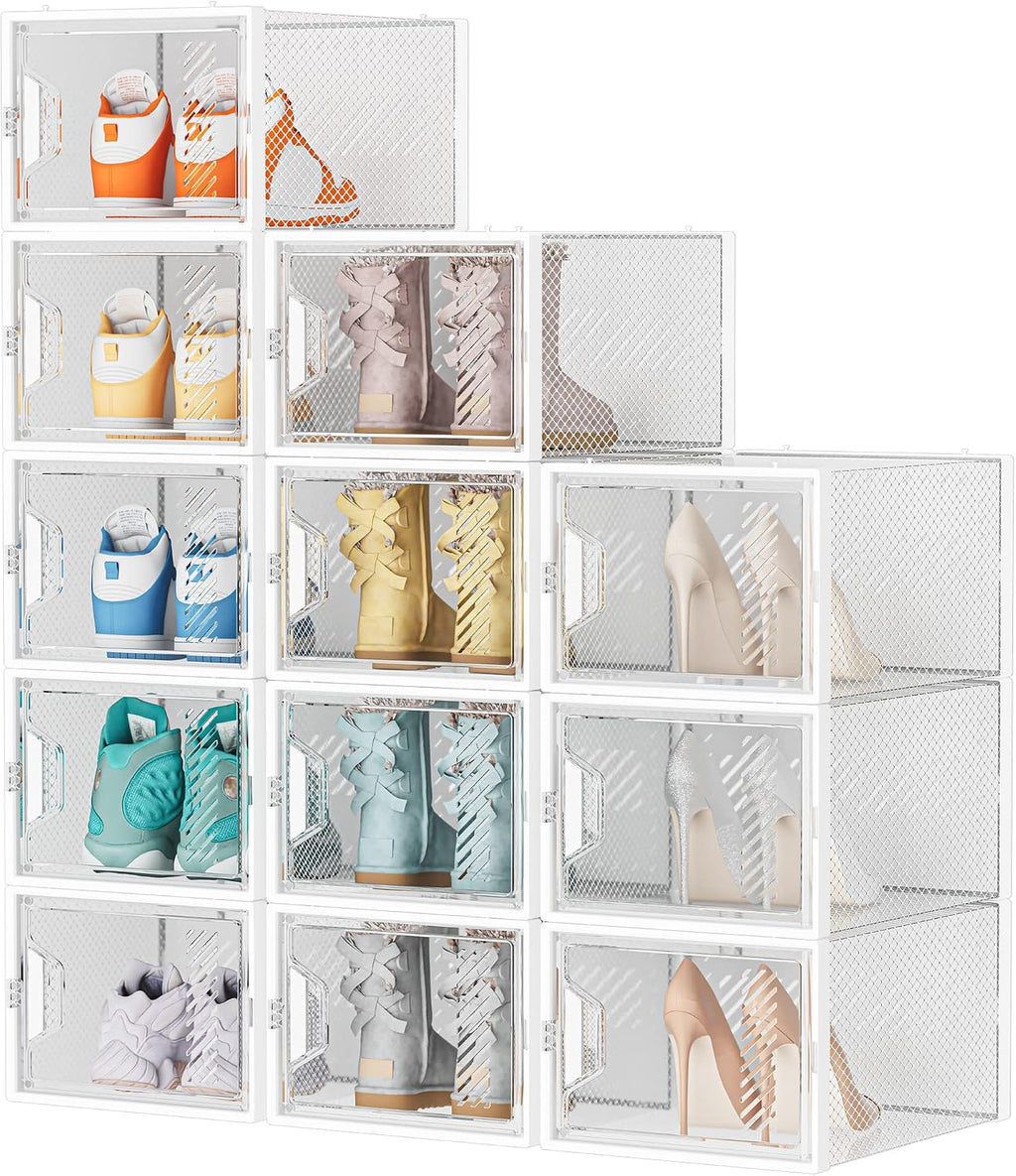 Almacenamiento de zapatos, paquete de 12 organizadores de zapatos extragrandes para armario, cajas de zapatos de plástico transparente apilables para almacenamiento de zapatos de talla 13