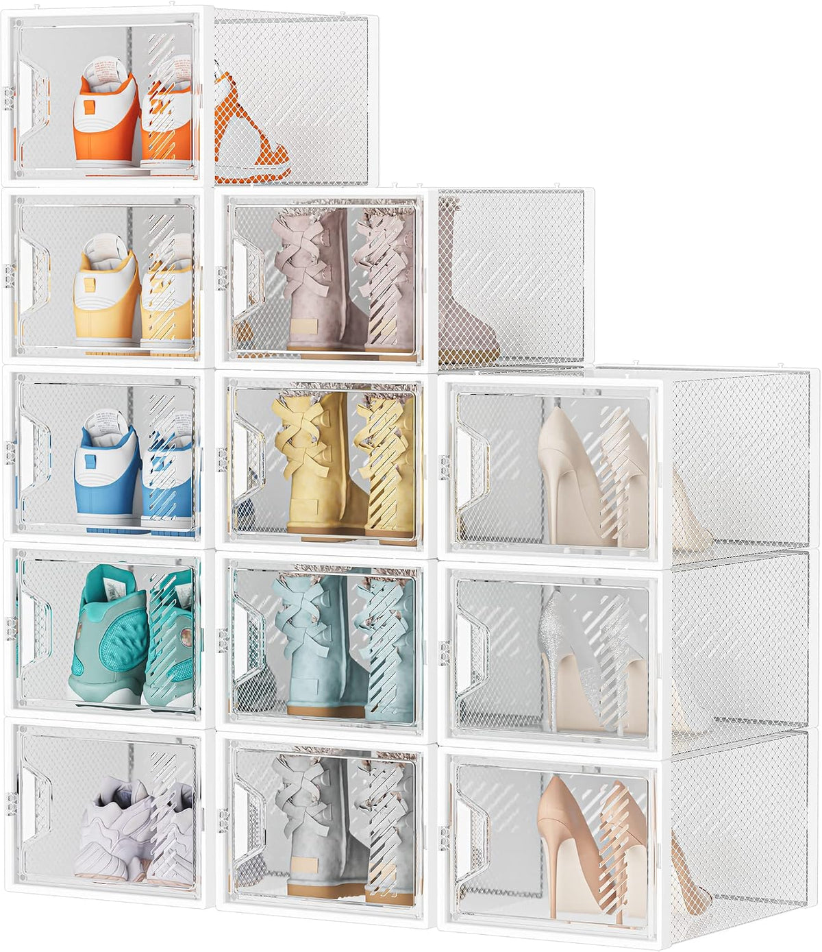 Almacenamiento de zapatos, paquete de 12 organizadores de zapatos extragrandes para armario, cajas de zapatos de plástico transparente apilables para almacenamiento de zapatos de talla 13
