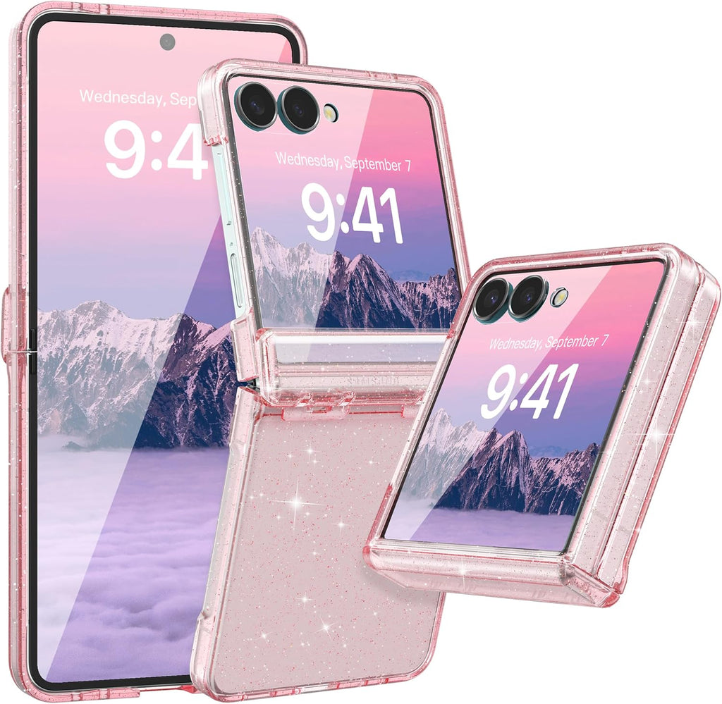 Funda FABSPARK para Samsung Galaxy Z Flip 7 con protector de pantalla integrado, protección de bisagra, brillante, transparente, delgada, de acrílico y policarbonato rígido para Samsung Z Flip 7, rosa brillante.