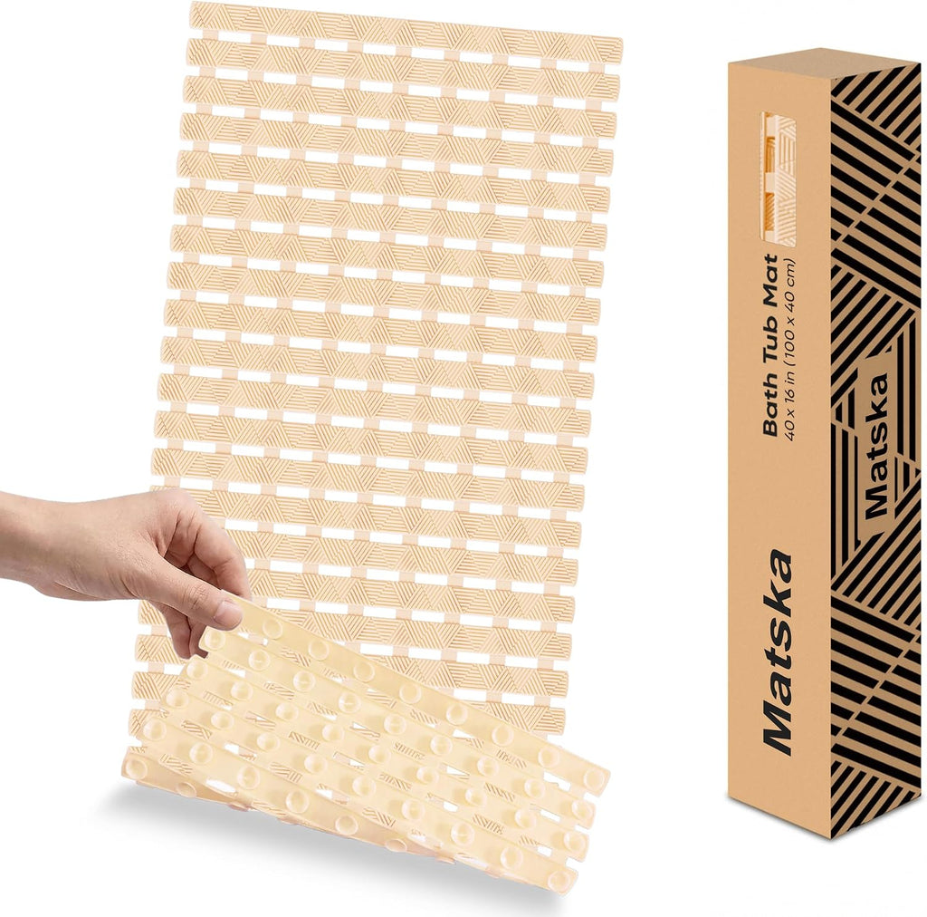 Tapete Bañera Antideslizante - Tapete Matska Dentro Bañera & Ducha, Superficie Texturizada Gruesa y Suave, Drenaje Rápido, Sin Acumulación Agua para Mejor Higiene, Accesorios Baño, 101.6x40.6 cm, Beige
