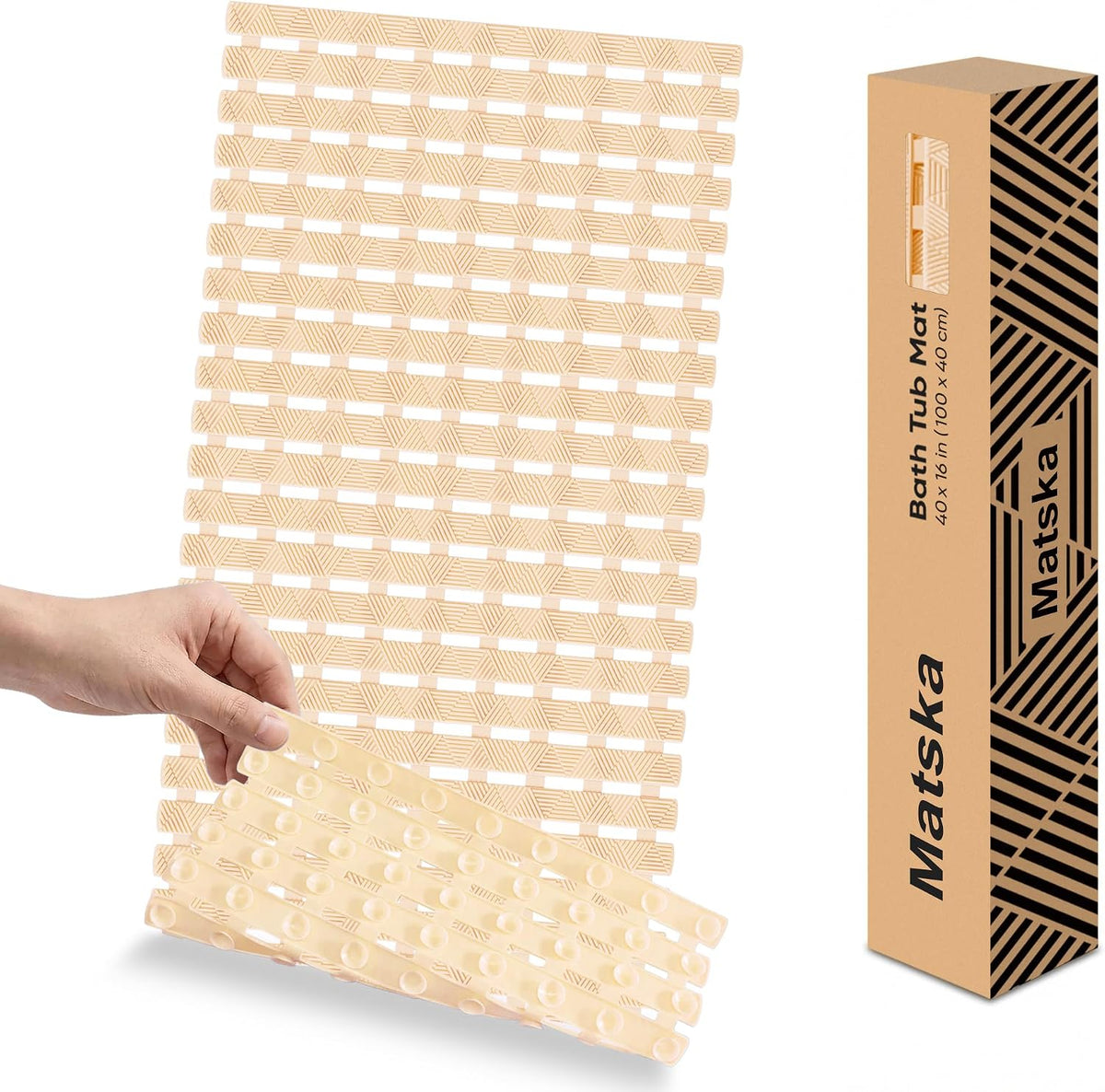Tapete Bañera Antideslizante - Tapete Matska Dentro Bañera & Ducha, Superficie Texturizada Gruesa y Suave, Drenaje Rápido, Sin Acumulación Agua para Mejor Higiene, Accesorios Baño, 101.6x40.6 cm, Beige