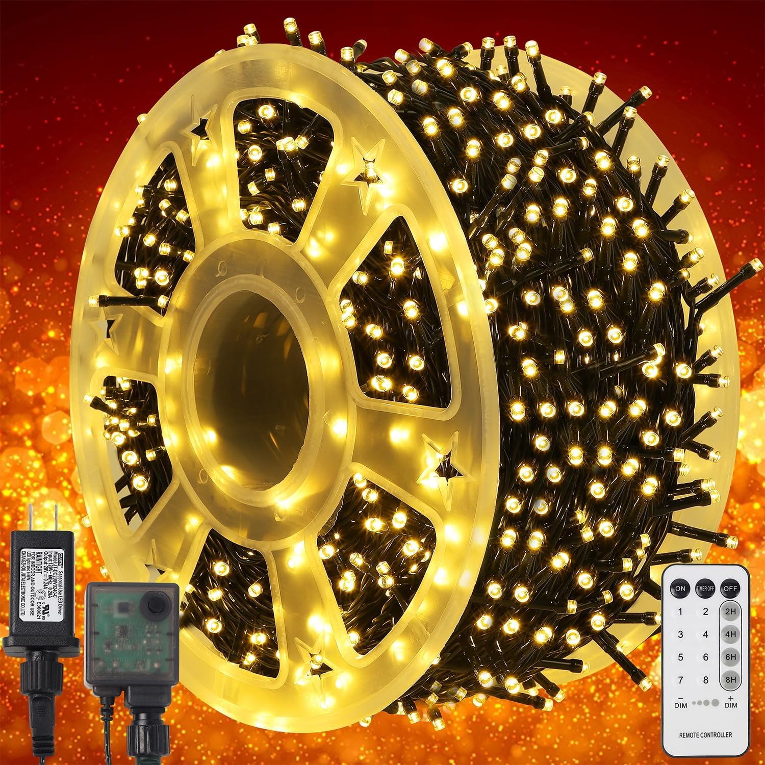Guirnalda de luces navideñas WATERGLIDE de 1000 LED, 99.4 m (328 pies), cable verde, luces decorativas LED con control remoto y 8 modos, impermeable para exteriores, fiestas navideñas, jardines, bodas, decoración del hogar, blanco cálido. 