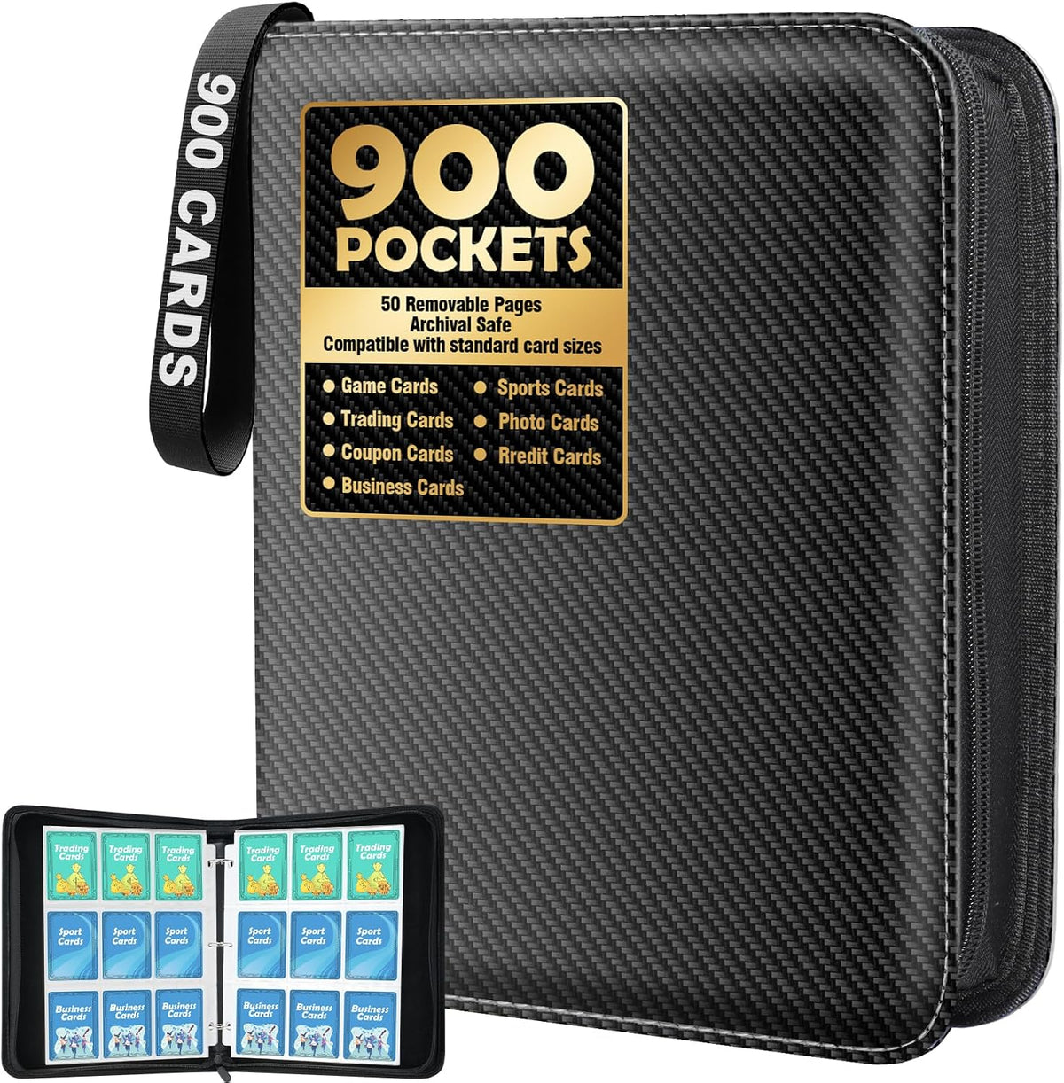 Carpeta para tarjetas de 9 bolsillos, 900 bolsillos, tarjetero compatible con tarjetas de juegos, regalo para niñas, álbum para tarjetas coleccionables, estuche para guardar photocards, grande, negro.