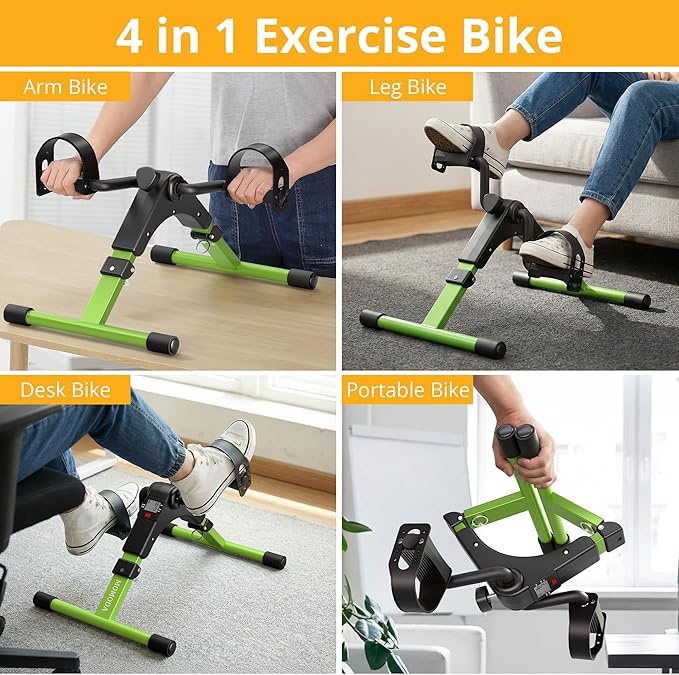 Bicicleta de Pedales de Escritorio Plegable — Brazos y Piernas, Monitor LCD, Negro/Verde