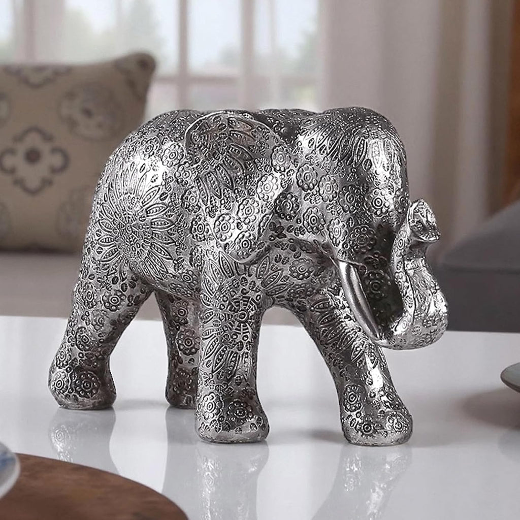 Estatua de elefante plateada de Hebdids - Decoración moderna para el hogar, escultura de resina para estanterías, dormitorios, escritorios, salas de estar (20 cm, plateada)