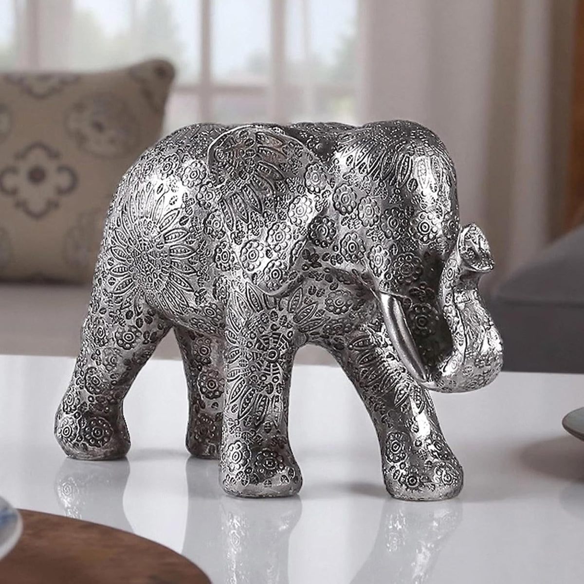 Estatua de elefante plateada de Hebdids - Decoración moderna para el hogar, escultura de resina para estanterías, dormitorios, escritorios, salas de estar (20 cm, plateada)