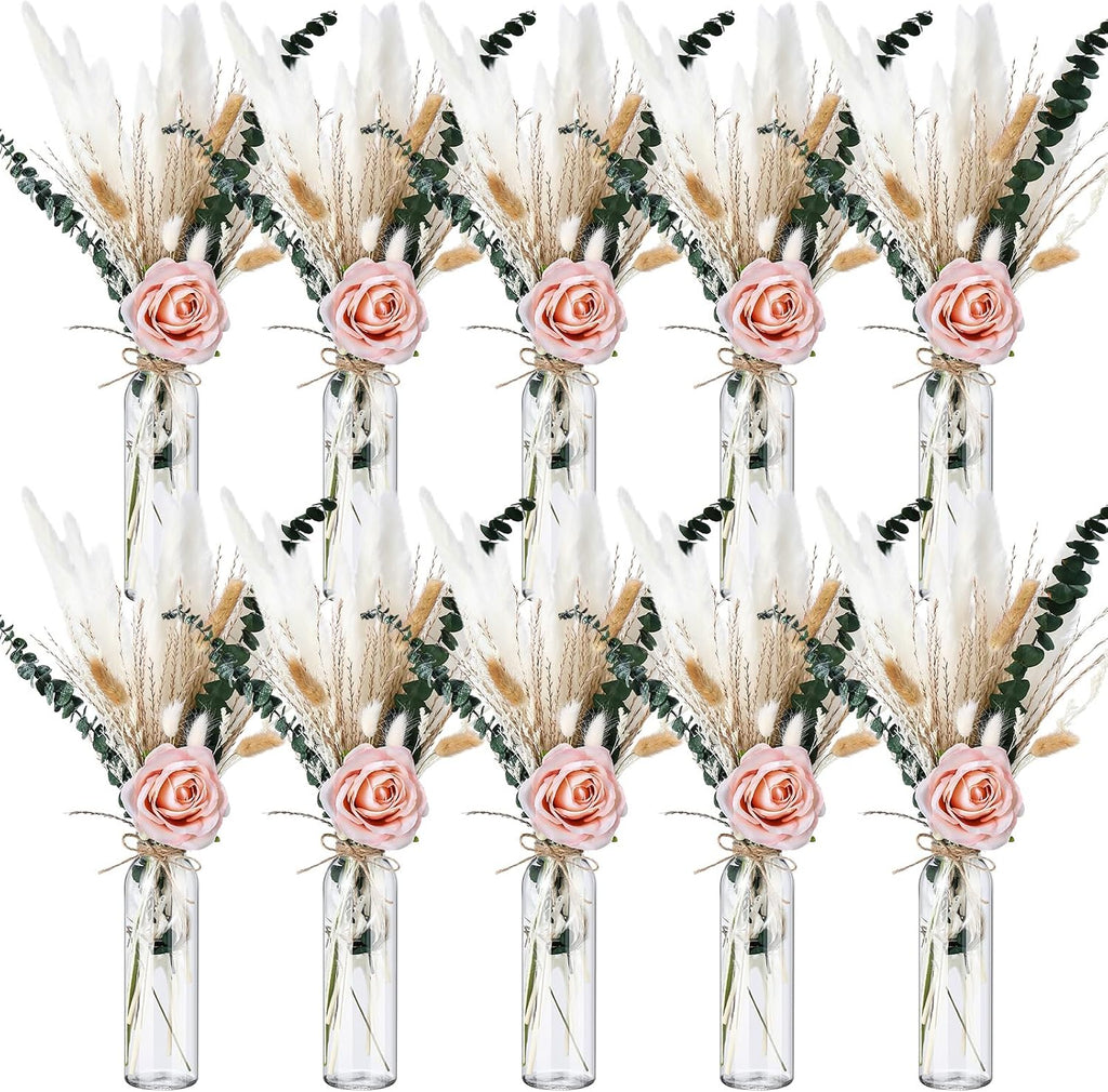 Qinyoung Juego de 10 piezas de centro de mesa de hierba de la Pampa seca para bodas, baby showers y fiestas. Incluye 10 jarrones de cristal con flores, 10 rosas artificiales y 80 ramas de hierba de la Pampa seca con cuerda para decoración rústica de