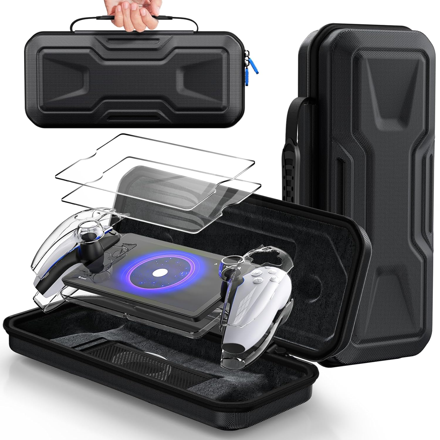 Paquete de accesorios 3 en 1 FYOUNG para PlayStation Portal: estuche de transporte, funda rígida transparente para PC, protector de pantalla, funda protectora, bolso de viaje portátil para el control remoto PS5 Portal. 