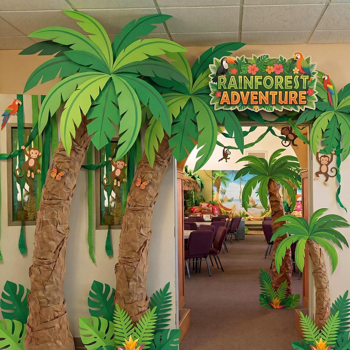 Decoraciones VBS 2026 Gersoniel Selva Árboles de Palma Articulados Kit Decor 30.5 cm x 0.61 m Papel Kraft 36 Tamaños Múltiples Hojas Verdes Cartón Recortable DIY Árbol Coco Fiesta Jungla Hawaiana