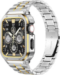 Correa de Acero Inoxidable MioHHR con Carcasa para Apple Watch Series 9/8/7 (45mm) | Correa Resistente con Bumper Metálico Protector | Hombre | Plata/Oro