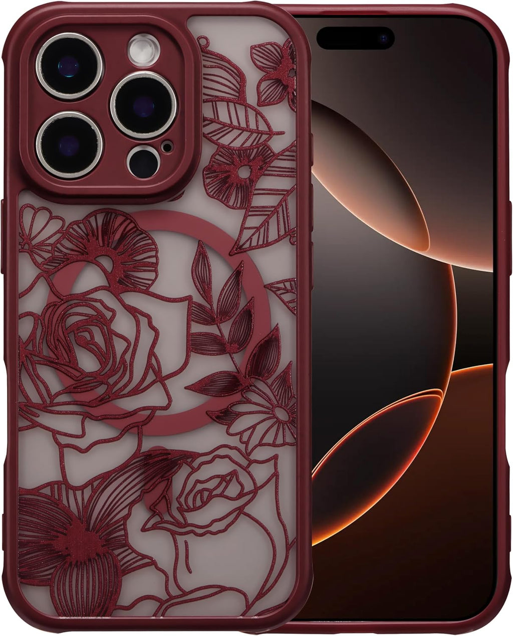 XIZYO Funda Magnetica para iPhone 16 Pro Max | Diseno Floral de Rosas, Compatible con MagSafe | TPU Antichoque para Mujer, Vino Tinto