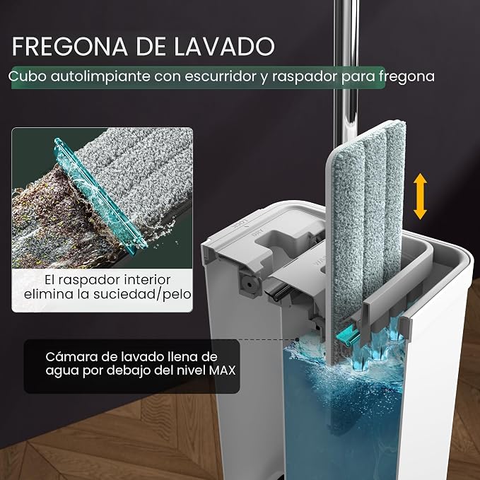 JOYMOOP Juego Fregona y Cubeta con Escurridor – Usado, 2 Mopas Nuevas | Sistema Doble Tanque