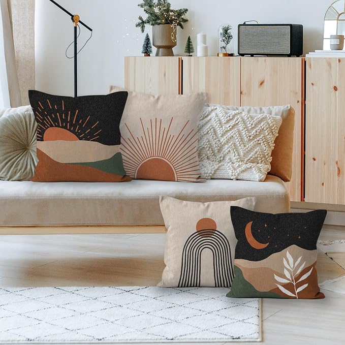 HIWX Set de 4 Fundas de Cojín Boho | Diseño Sol, Luna y Montañas | Estilo Moderno Paisaje | Decoración para Dormitorio, Sala y Exterior