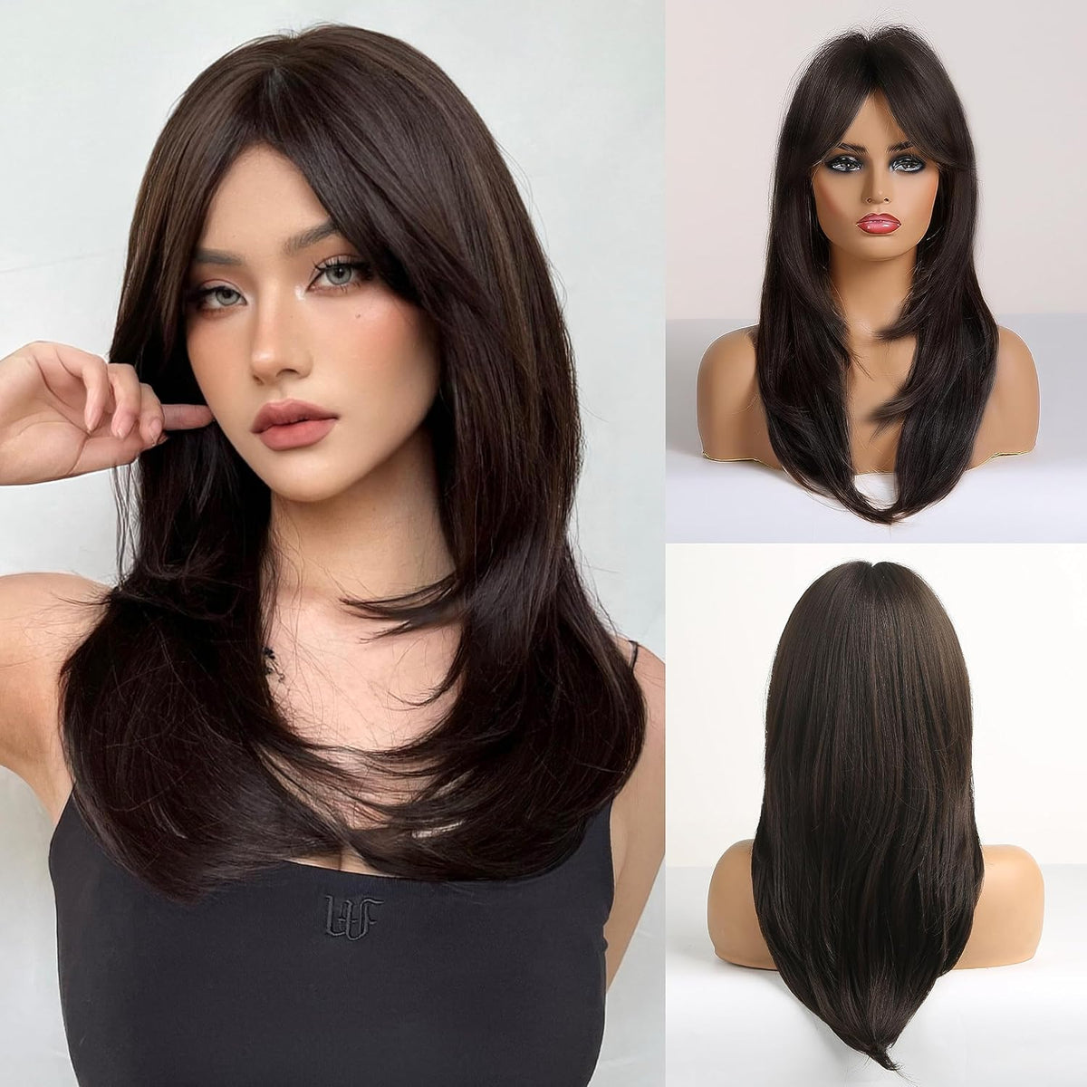 Peluca Larga HAIRCUBE Color Marrón Oscuro con Reflejos – Sintética Rizada y Ondulada para Mujer, Uso Diario
