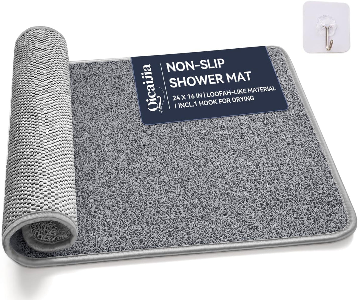 Alfombrilla antideslizante para ducha y bañera QiCaiJia de 40 x 60 cm, de secado rápido con desagüe, de PVC suave imitación lufa, para bañera, ducha y suelo. Incluye gancho para colgar. Color gris.