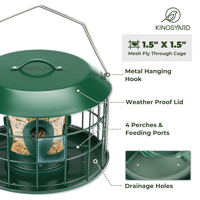 Comederos para pájaros Kingsyard Tube a prueba de ardillas para colgar en exteriores, con jaula metálica | Cubierta impermeable, para aves silvestres, pinzones y azulejos, 4 orificios de alimentación, color verde.