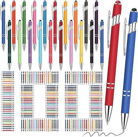 eaqee 100 bolígrafos con punta de lápiz capacitivo, tinta negra 2 en 1, punta media de 0.039 pulgadas (0.039 in) para tableta de pantalla táctil (colores surtidos)