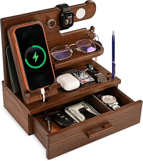 TESLYAR Estación de acoplamiento de madera para teléfono con cajón, organizador de mesita de noche, organizador de escritorio para marido, regalos de cumpleaños para hombres, papá, idea de aniversario