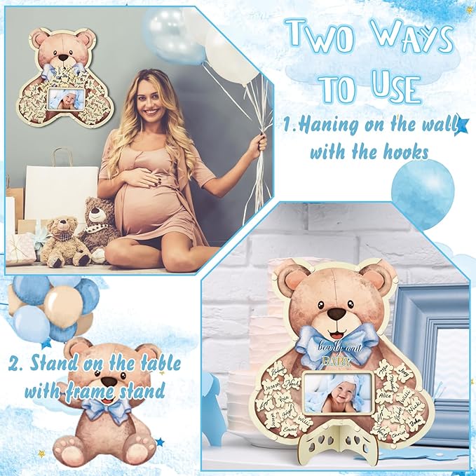 Wenqik Juego de 63 Piezas de Alternativas de Libro de Invitados de Oso para Baby Shower, Decoraciones para Baby Shower con Marco de Fotos, Marco de Sonograma, Recuerdo, 60 Rodajas de Madera.
