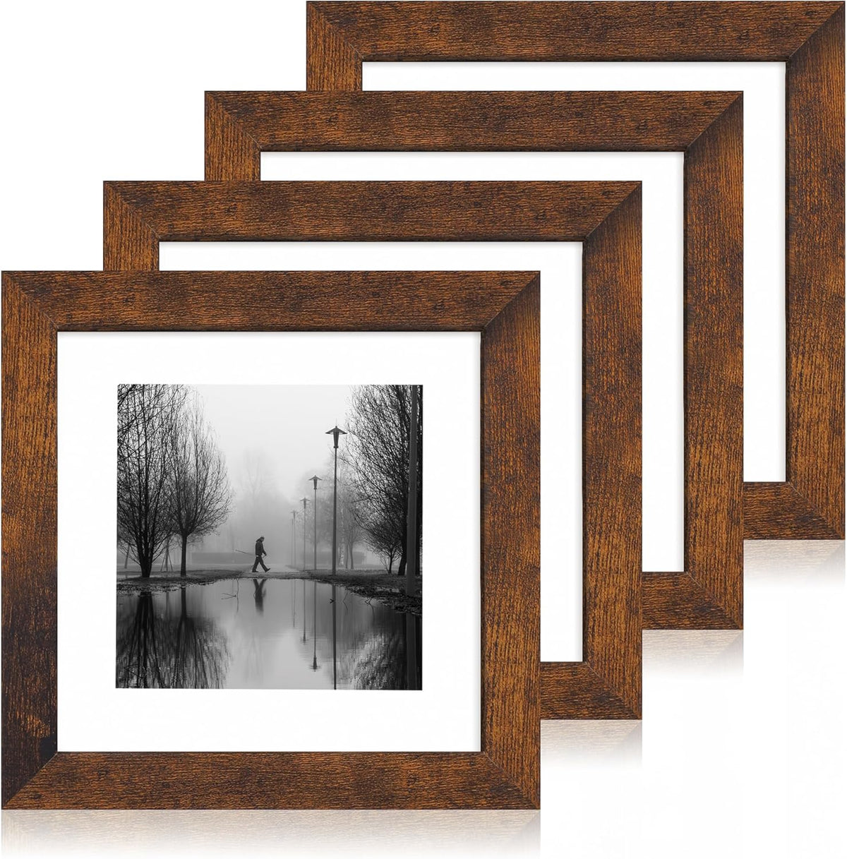 iRahmen Set de 4 Marcos 8x8 con Vidrio HD | Muestra Fotos 6x6 con Paspartú u 8x8 sin él | Madera Rústica