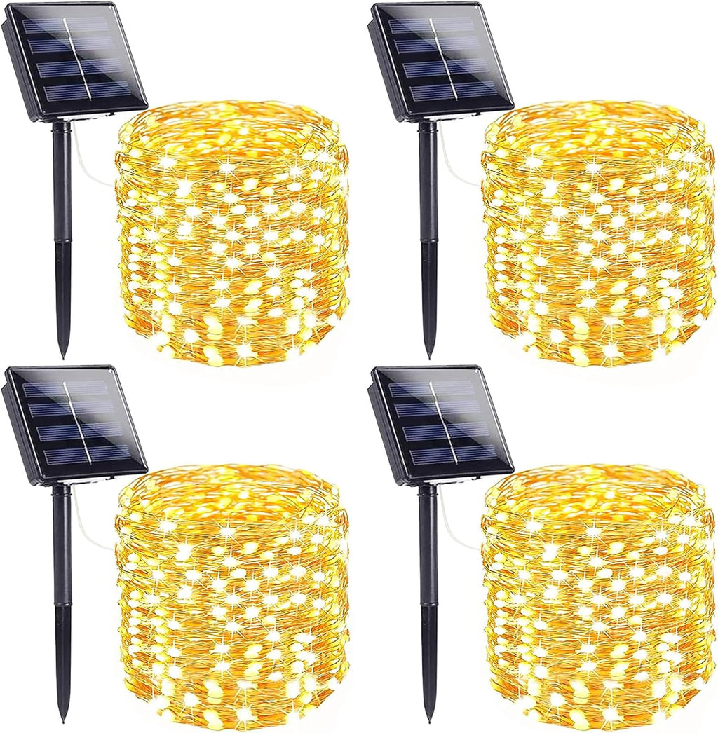 Solar String Lights 4-Pack - 400 LED Total, 4x33ft - 8 Modes, Memory Function - IP65 Waterproof - 1800mAh Battery - Auto On/Off - Warm White - For Garden, Party, Wedding, Christmas