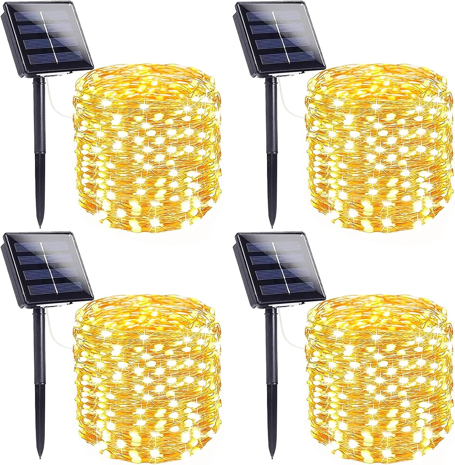 Solar String Lights 4-Pack - 400 LED Total, 4x33ft - 8 Modes, Memory Function - IP65 Waterproof - 1800mAh Battery - Auto On/Off - Warm White - For Garden, Party, Wedding, Christmas