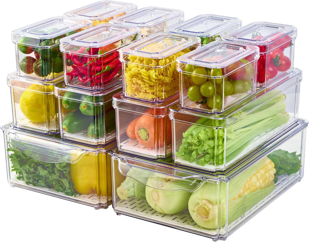 JollyPack Pack de 14 Organizadores para Refrigerador con Tapas – Apilables, Sin BPA, Frutas y Verduras
