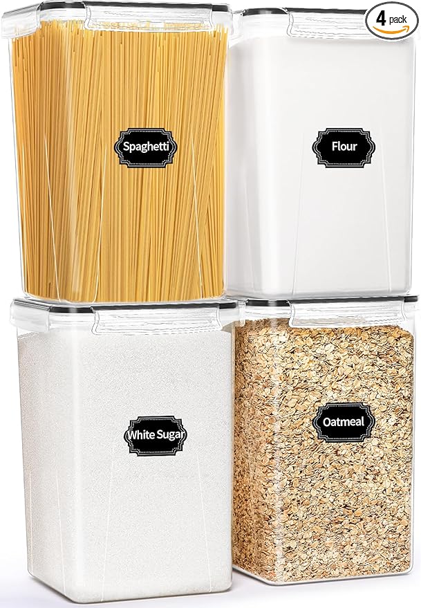 HKJ Chef Pack de 4 Contenedores Herméticos Extra Grandes para Alimentos | 6.5L | Sin BPA | Organizador de Despensa para Cereales, Harina y Azúcar | Incluye Etiquetas y Marcador